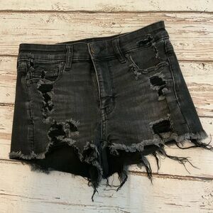 AE Next Level Stretch Midi Cut Off Shorts 4 - Black Denim Raw Hem Flex S